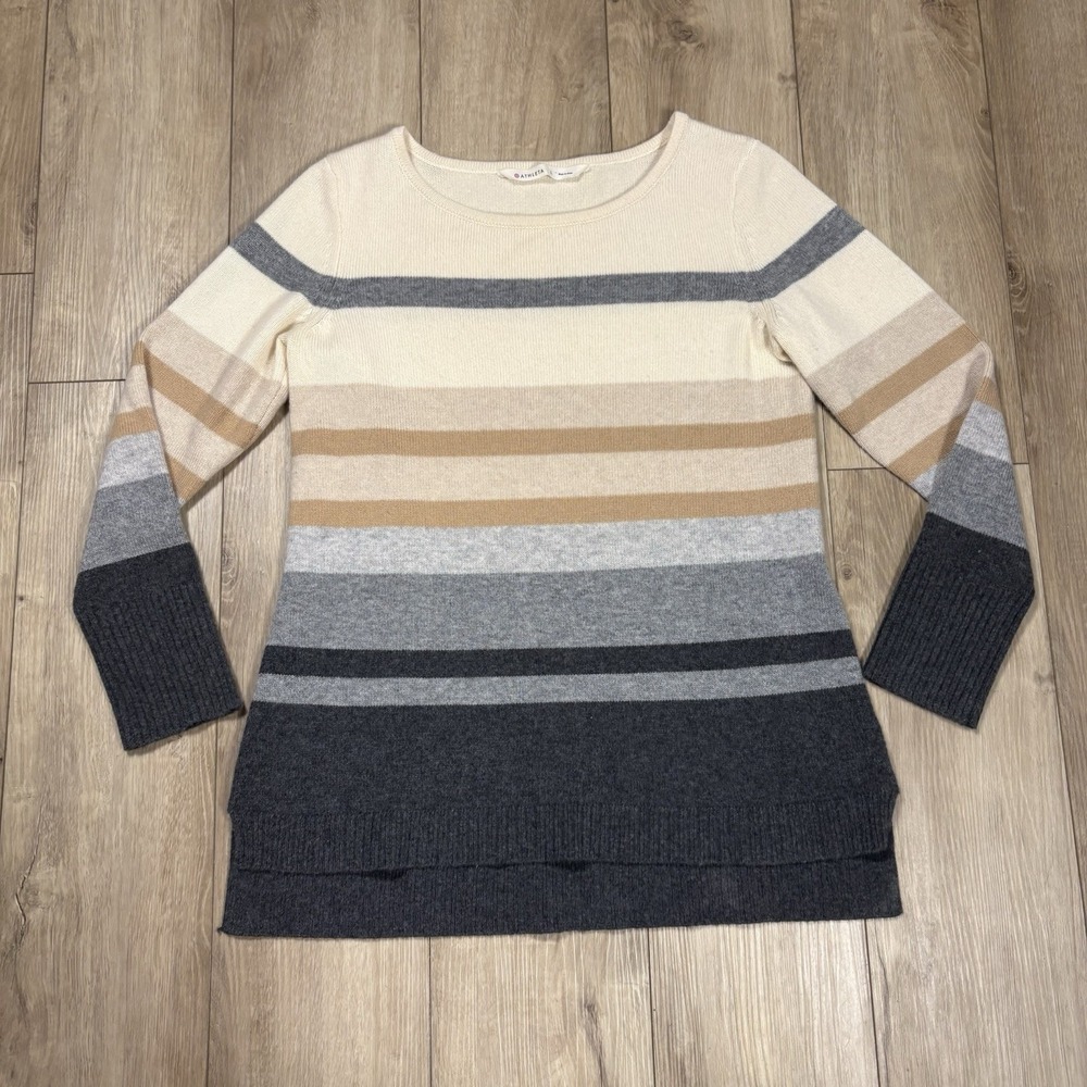 ATHLETA Women's Sweater Large Striped 100% Cashmere Brown Black Pullover Soft